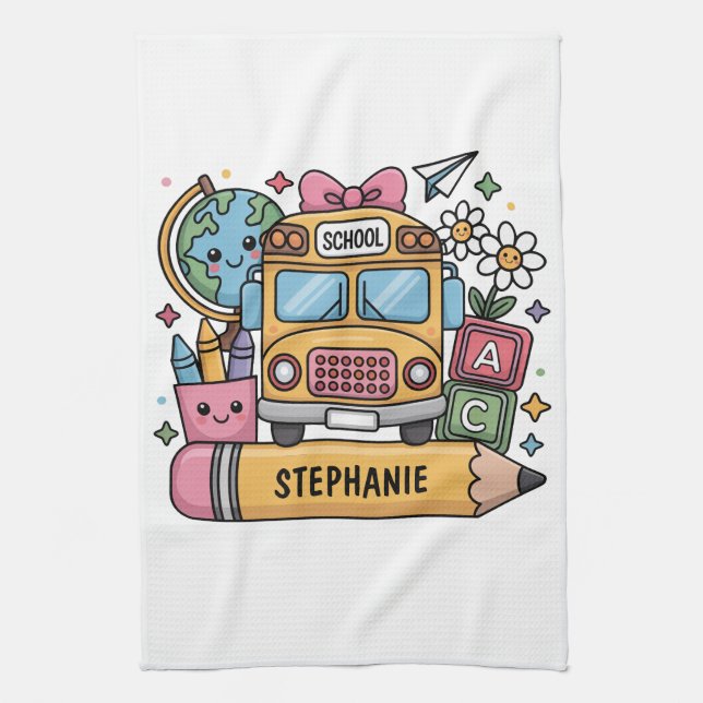 Custom Back-to-School Bus - Personalise Tea Towel (Vertical)