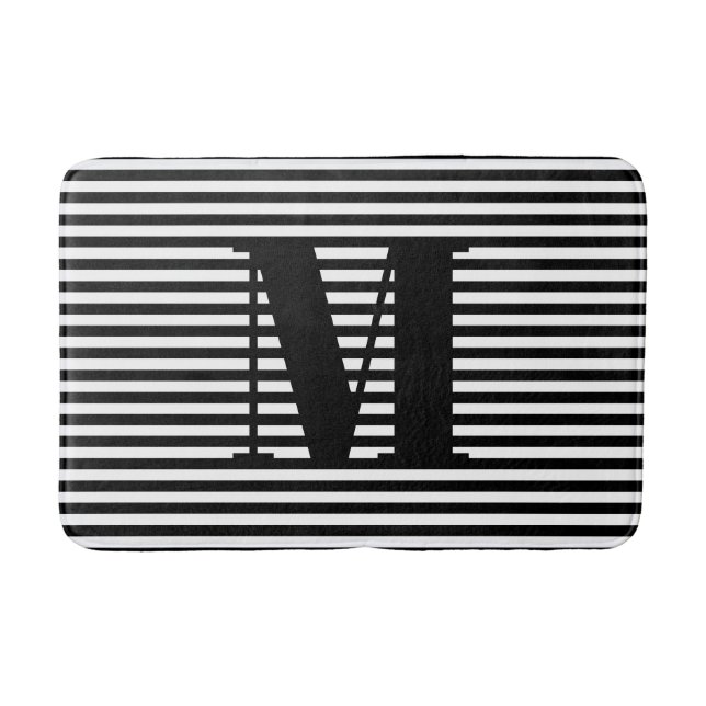 Custom back white stripes monogram initial modern bath mat (Front)