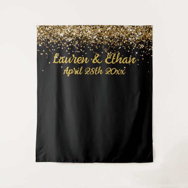 Custom Backdrop Wedding Photo Booth Black and Gold Tapestry (Front)