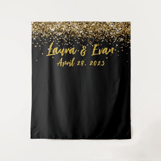 Custom Backdrop Wedding Photo Booth Black and Gold Tapestry (Front)