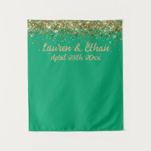 Custom Backdrop Wedding Photo Booth Green and Gold Tapestry