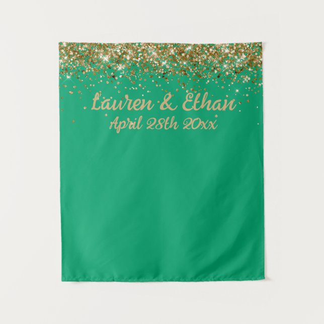 Custom Backdrop Wedding Photo Booth Green and Gold Tapestry (Front)