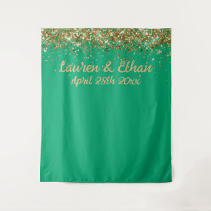 Custom Backdrop Wedding Photo Booth Green and Gold Tapestry