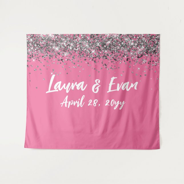 Custom Backdrop Wedding Photo Booth Pink & Silver Tapestry (Front (Horizontal))