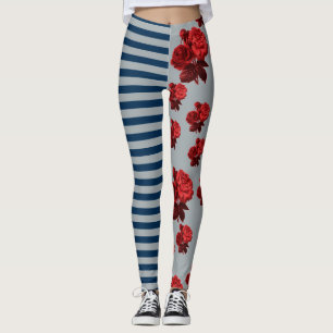 Custom background colour Blue Stripe Red Rose Leggings
