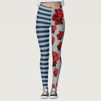 Custom background colour Blue Stripe Red Rose Leggings