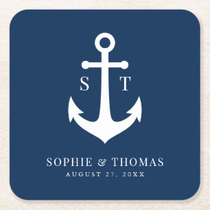 Custom Background Colour Monogram Anchor Wedding Square Paper Coaster