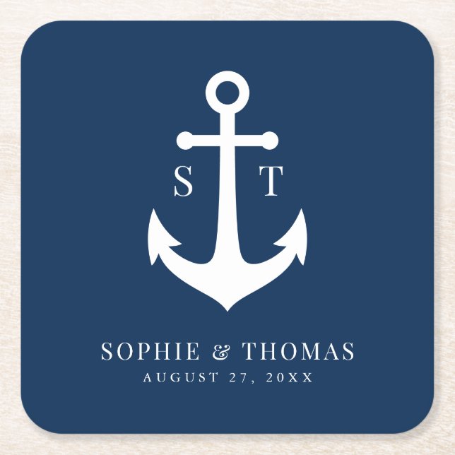Custom Background Colour Monogram Anchor Wedding Square Paper Coaster (Front)