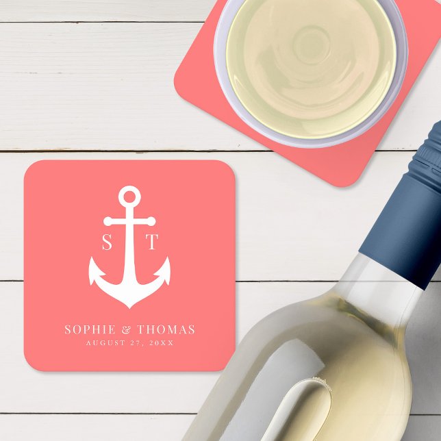 Custom Background Colour Monogram Anchor Wedding Square Paper Coaster (Creator Uploaded)
