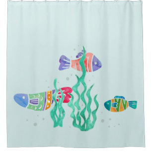 Custom Background Colour Watercolor Undersea Fish Shower Curtain