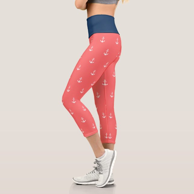 Custom Background Colours Nautical White Anchor Capri Leggings (Left)