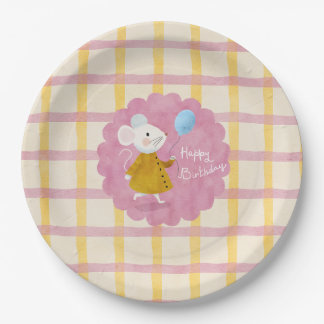 Custom Background Pink Yellow Plaid Mouse Birthday Paper Plate