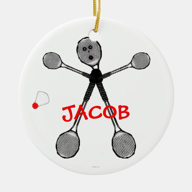 Custom Badminton Player Cartoon Ceramic Tree Decoration (Front)