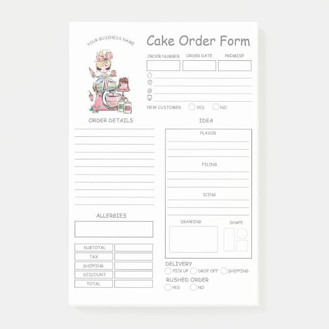 Custom  Bakery Cake Order Form Post-it Notes (Front)