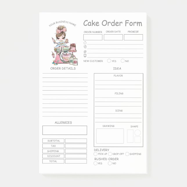 Custom  Bakery Cake Order Form Post-it Notes (Front)