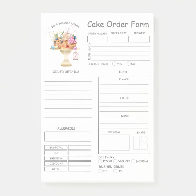 Custom  Bakery Cake Order Form Post-it Notes (Front)