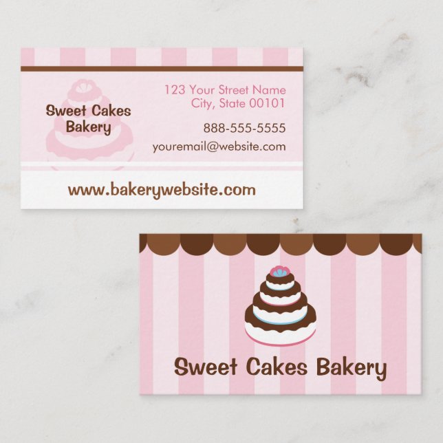 Custom Bakery Cake Shop - Pink Stripes & Chocolate Business Card (Front/Back)