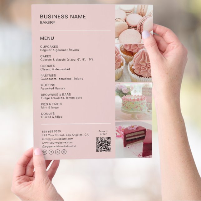 Custom Bakery Photo QR Social Media Icons Menu (Pink Bakery Menu with Photos & QR Code Flyer)