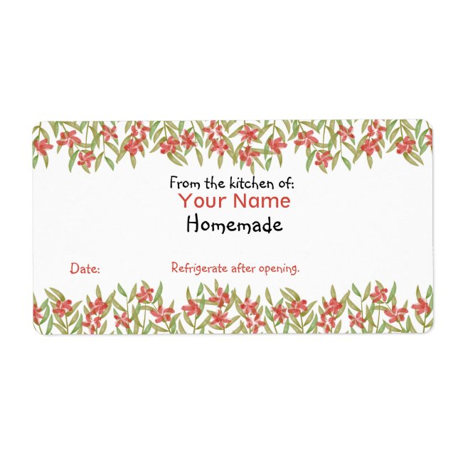 Custom Baking Labels Red Watercolor Flowers From (Front)