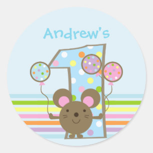 Custom Balloon Mouse Blue 1st Birthday Stickers