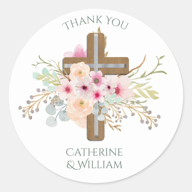Custom Baptism Communion Confirmation Floral Cross Classic Round Sticker (Front)