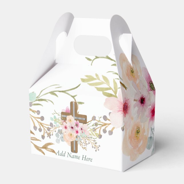 Custom Baptism Communion Confirmation Floral Cross Favour Box (Front Side)