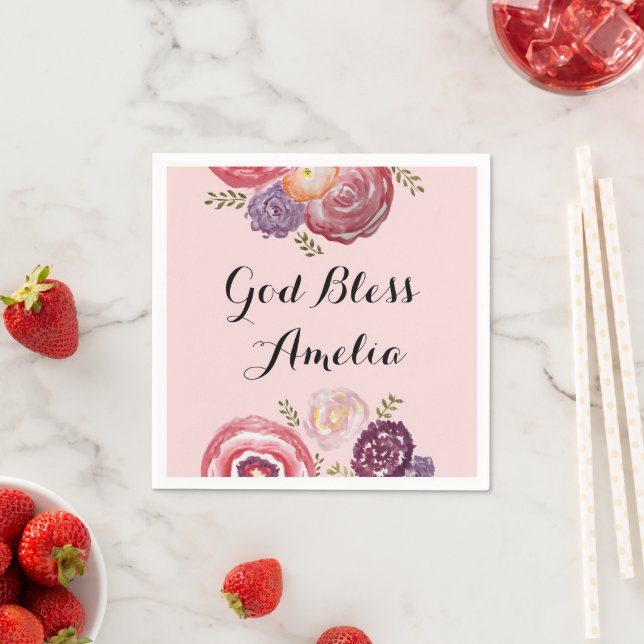 Custom Baptism God Bless Pink Flower Napkin (Insitu)