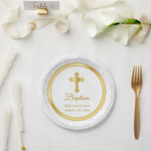 Custom Baptism in Pretty White Damask and Gold Paper Plate
