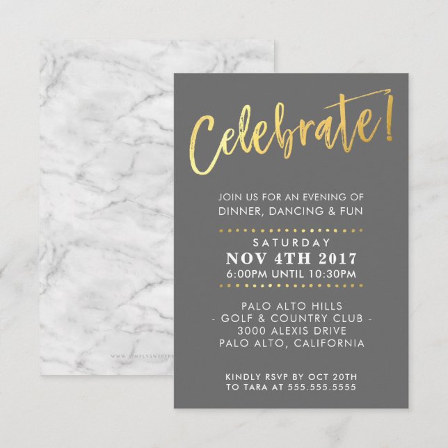 CUSTOM Bar Mitzvah enclosure party grey + gold Invitation (Front/Back)