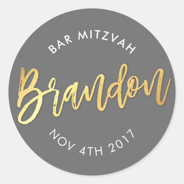 CUSTOM Bar Mitzvah for Brandon grey + gold Classic Round Sticker (Front)