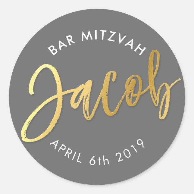 CUSTOM Bar Mitzvah for Jacob grey + faux gold Classic Round Sticker (Front)