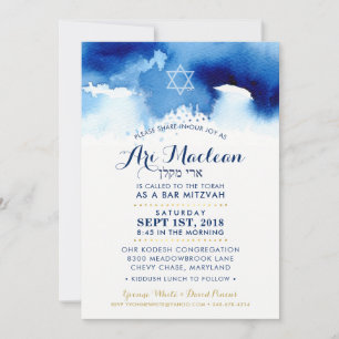 CUSTOM BAR MITZVAH gold blue watercolor invite ARI