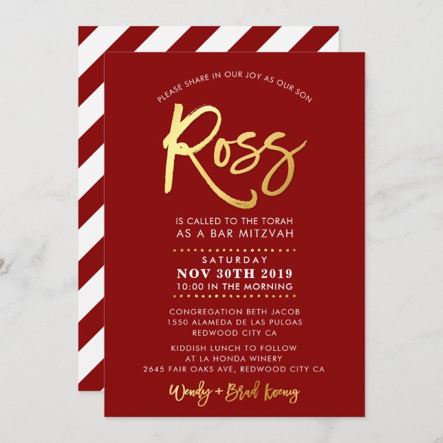 CUSTOM Bar Mitzvah Invite for Ross red + gold (Front/Back)