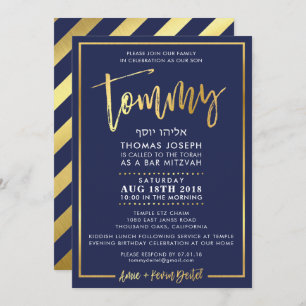 CUSTOM Bar Mitzvah Invite for Tommy navy + gold
