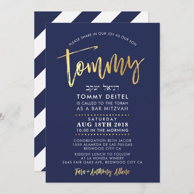 CUSTOM Bar Mitzvah Invite for Tommy navy + gold (Front/Back)