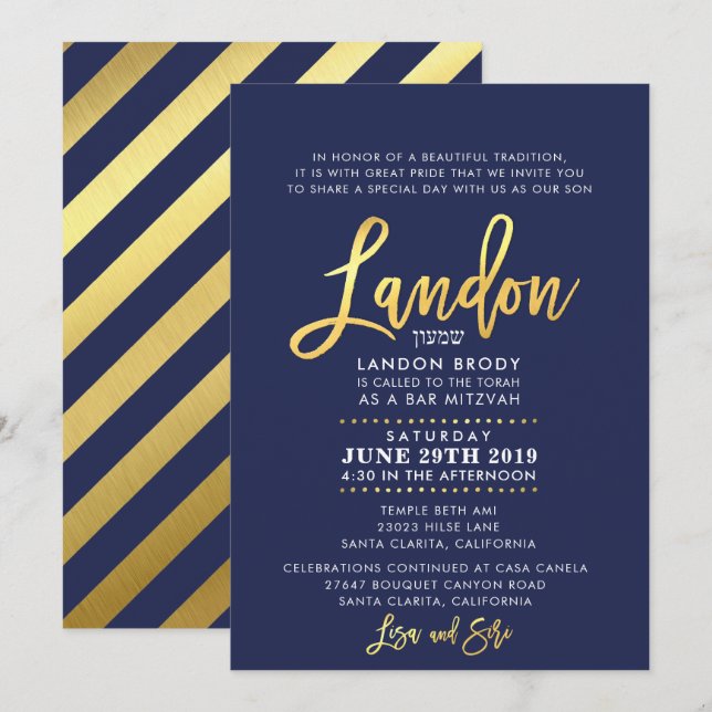CUSTOM Bar Mitzvah Invite navy blue + gold LANDON (Front/Back)