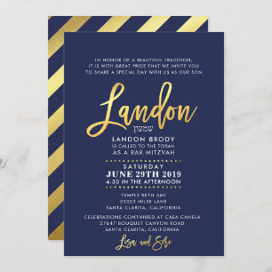 CUSTOM Bar Mitzvah Invite navy blue + gold LANDON