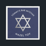 CUSTOM Bar Mitzvah mazel tov star navy   silver Napkin<br><div class="desc">by kat massard >>> WWW.SIMPLYSWEETPAPERIE.COM <<<
The silver star is a picture of silver foil - and not actually shiny silver.</div>
