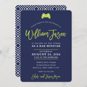 CUSTOM Bar Mitzvah modern contoller navy lime Invitation