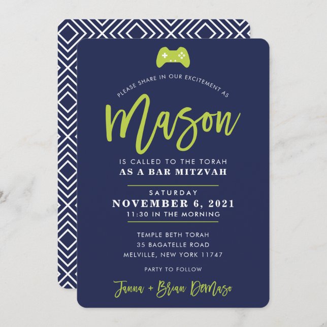 CUSTOM Bar Mitzvah modern gaming navy + lime MASON Invitation (Front/Back)