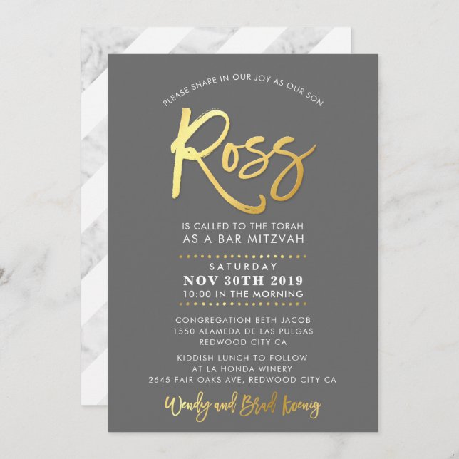 CUSTOM Bar Mitzvah modern grey + gold ROSS Invitation (Front/Back)