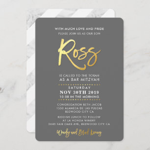 CUSTOM Bar Mitzvah modern grey + gold script ROSS Invitation