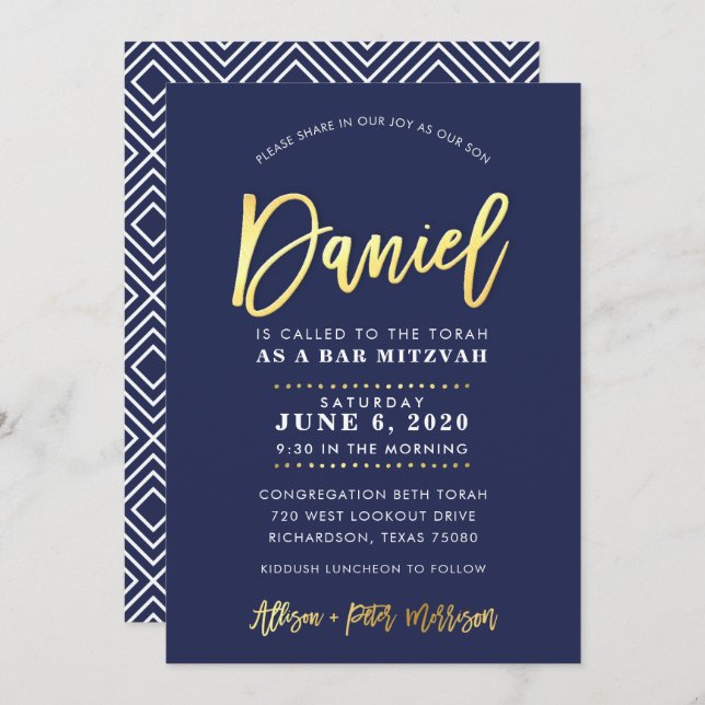 CUSTOM Bar Mitzvah modern navy + gold name DANIEL  Invitation (Front/Back)
