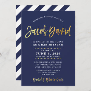 CUSTOM Bar Mitzvah modern navy + gold name JACOB Invitation