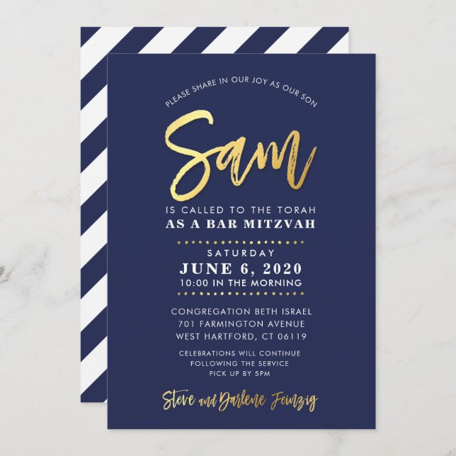 CUSTOM Bar Mitzvah modern navy + gold name SAM Invitation (Front/Back)