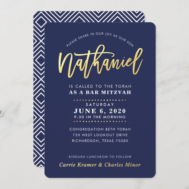 CUSTOM Bar Mitzvah modern navy gold NATHANIEL  Invitation (Front/Back)