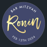 CUSTOM Bar Mitzvah navy   gold for RONIN Classic Round Sticker<br><div class="desc">by kat massard >>> WWW.SIMPLYSWEETPAPERIE.COM <<< *** NOTE - THE SHINY GOLD FOIL EFFECT IS A PRINTED PICTURE *** - - - - - - - - - - - - - - - - - - - - - - - - - - - - - - - -...</div>