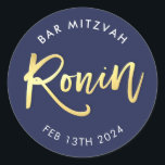CUSTOM Bar Mitzvah navy   gold for RONIN Classic Round Sticker<br><div class="desc">by kat massard >>> WWW.SIMPLYSWEETPAPERIE.COM <<< *** NOTE - THE SHINY GOLD FOIL EFFECT IS A PRINTED PICTURE *** - - - - - - - - - - - - - - - - - - - - - - - - - - - - - - - -...</div>