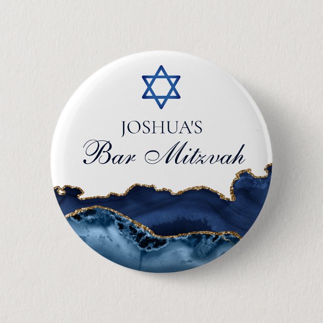 Custom Bar Mitzvah Party Navy Blue Gold Agate 6 Cm Round Badge (Front)