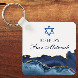 Custom Bar Mitzvah Party Navy Blue Gold Agate Key Ring